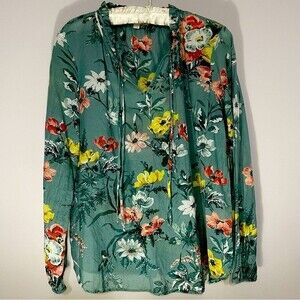 Loft M cotton blend khaki green floral print v neck lagenlook semi sheer blouse